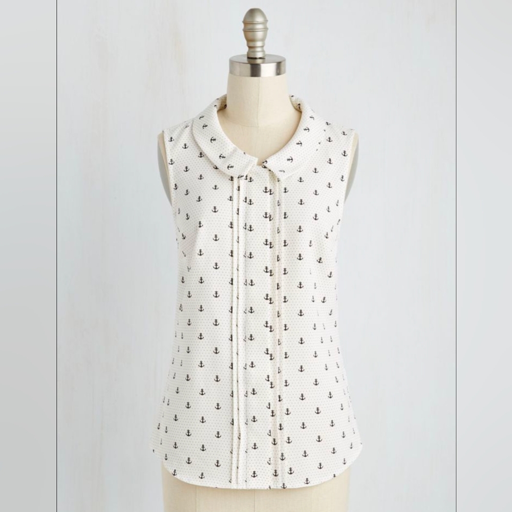 Modcloth Nautical Anchor Print Blouse - Cream and Black